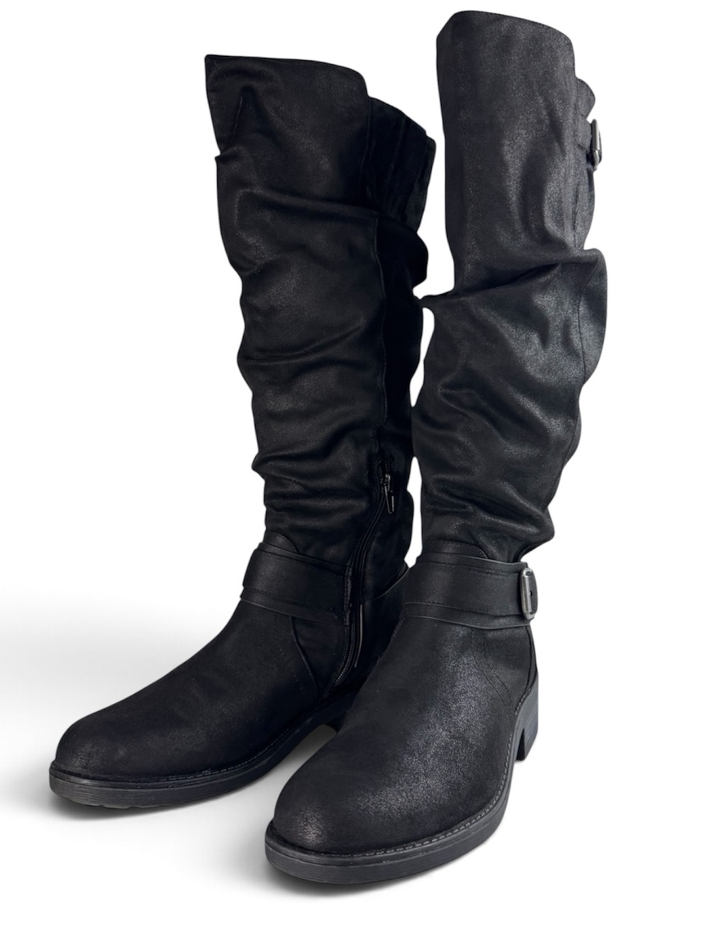 Carlos by Carlos Santana Sabina Boots • Tall Black Moto Boots • Pull On